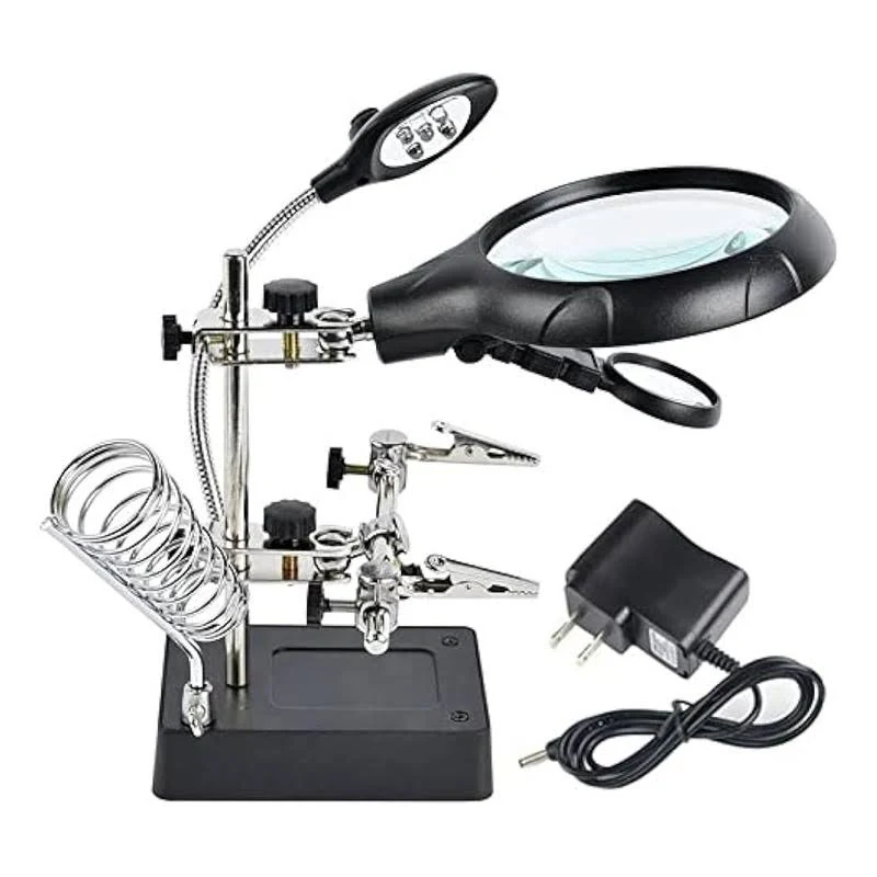 Helping Hands Magnifying Glass Soldering Station, LED Lighted 3.5X 12X Magnifier with Auxiliary Clips Alligator Clamp for Miniatures Projects,Model Making, Soldering