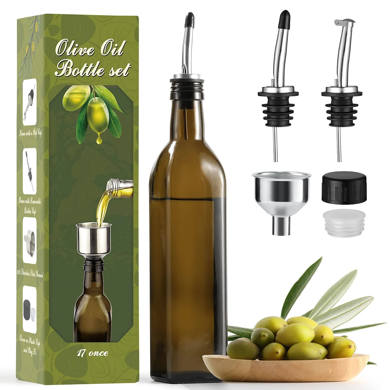 AOZITA 17oz Glass Olive Oil Bottle Dispenser - 500ml Green Oil and Vinegar Cruet