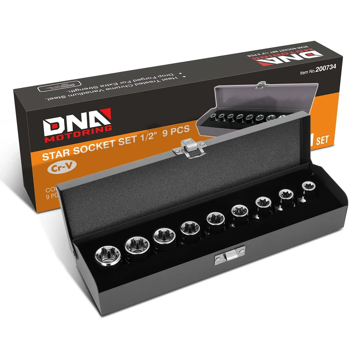 DNA Motoring TOOLS-00133 9 Pieces 1/2-Inch Drive External Torx Socket Set - E10, E11, E12, E14, E16, E18, E20, E22, E24, w/Tin Carrying Case