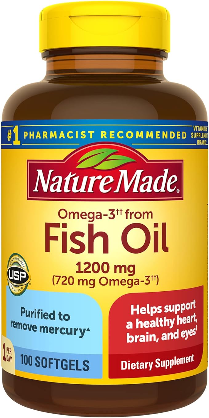 Nature Made Omega 3 Fish Oil 1200 mg, Fish Oil Supplements as Ethyl Esters, Omega 3 Fish Oil for Healthy Heart, Brain and Eyes Support, One Per Day, Omega 3 Supplement with 100 Softgels