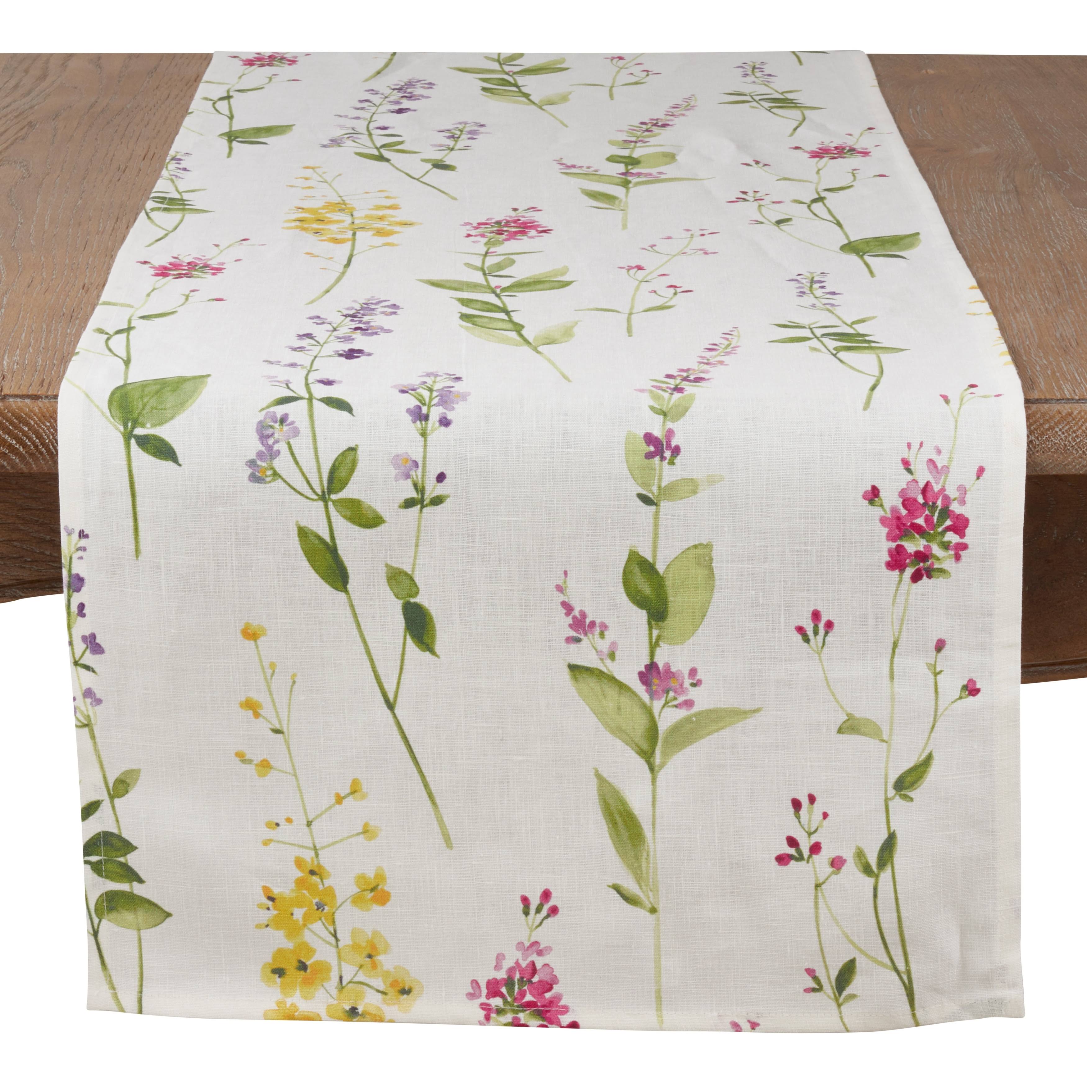 SARO LIFESTYLE Watercolor Floral Stems Linen Table Runner