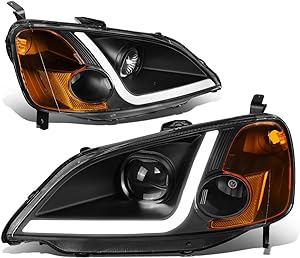 DNA MOTORING Pair LED DRL Projector Headlights Compatible With 01-03 Honda Civic Coupe/Sedan, Black/Amber, HL-LB-HC01-BK-AM