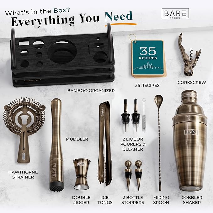 BARE BARREL® Mixology Bartender Kit Bar Set | 14-Piece Cocktail Shaker Set | Martini Barware Mixing Tools for Home Bartending | 35 Recipe Cards | Gift Set (24oz Cobbler Shaker, Bronze Brass/Black)