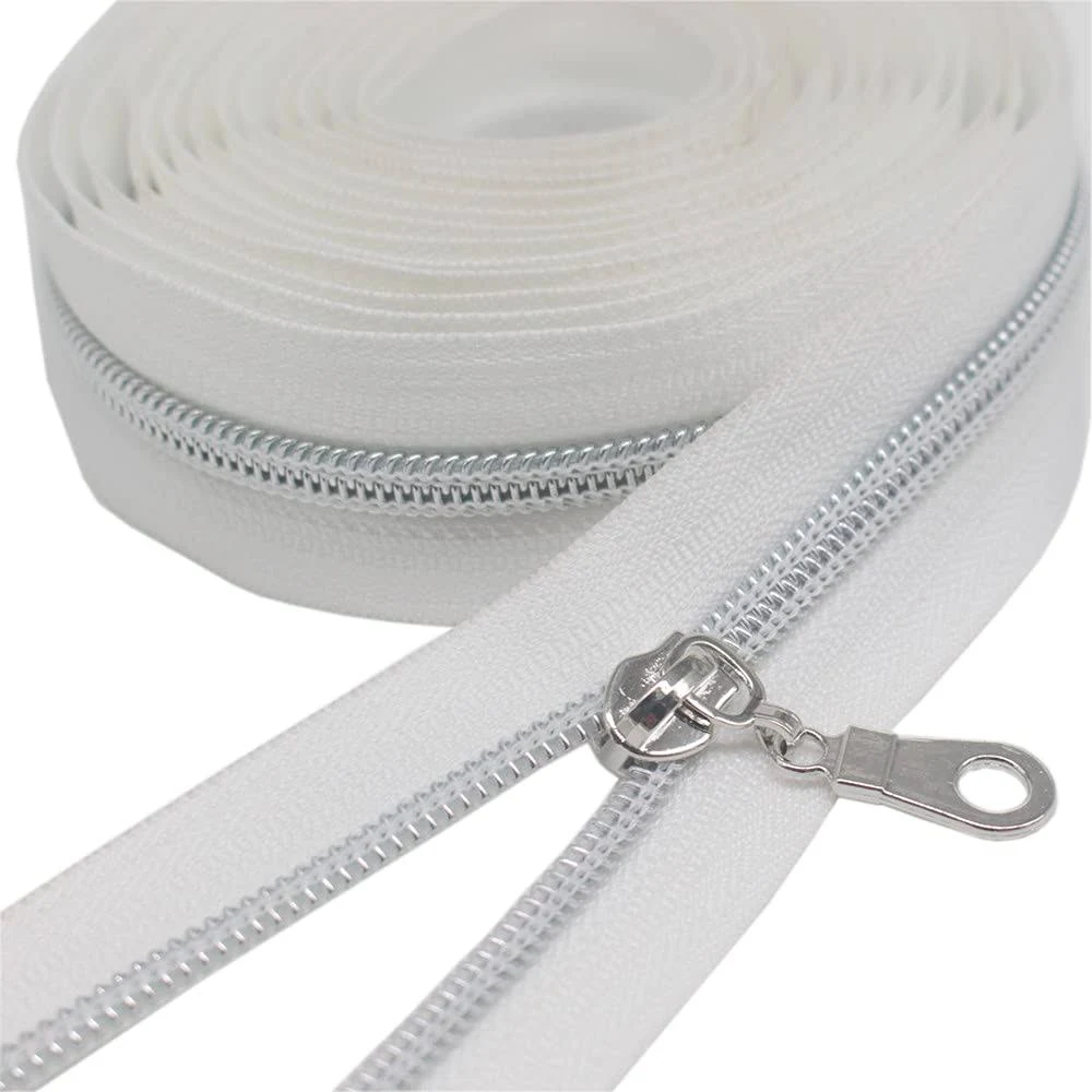 YaHoGa #5 Silver Metallic Nylon Coil Zippers by The Yard Bulk White Tape 10 Yards with 25pcs Pulls for DIY Sewing Tailor Craft Bag (White)