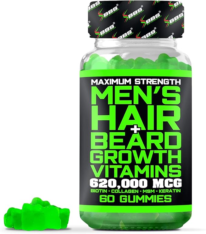 BBS Beard Growth & Hair Growth Vitamins for Men - Maximum Strength 620000mcg Biotin - Collagen - MSM - Keratin - Bamboo Extract - Multivitamin Gummies (Made by Best Beard Stuff USA)