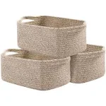 OIAHOMY Cotton Rope Baskets, Woven Baskets for Storage, Nursery Storage Baskets, Rectangle Storage Basket with Handles, Storage Baskets for Shelves, Pack of 3, Brown Variegated