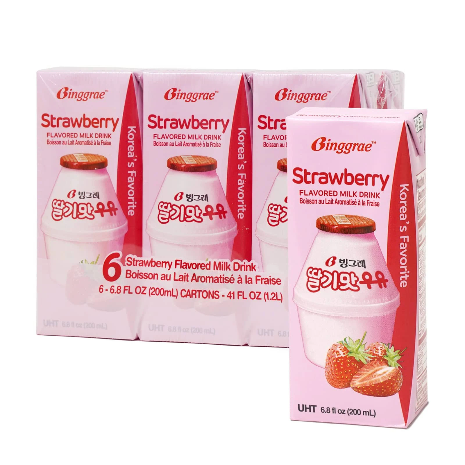 Binggrae Strawberry Milk Drink - 6 pack, 6.8 fl oz cartons