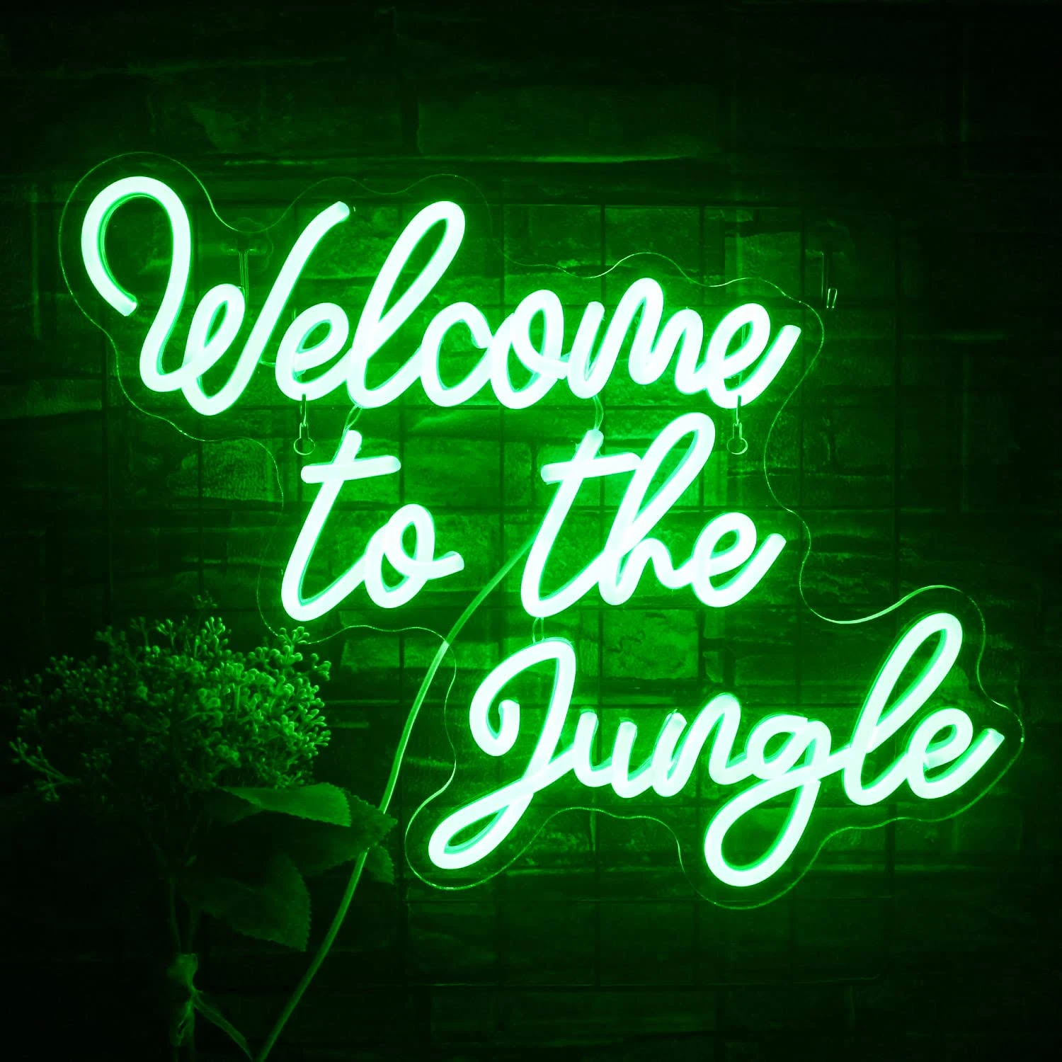 FAXFSIGN Welcome to The Jungle Neon Sign Green LED Word Neon Light Signs for Wall Decor USB Letter Light Up Sign for Bedroom Nursery Kids Room Garden