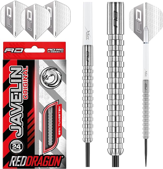 RED DRAGON Javelin Original Tungsten Darts Set with Dart Flights and Dart Shafts (Stems) - Available in 20g, 22g, 24g, 26g