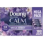 Downy Infusions Mega Dryer Sheets Laundry Fabric Softener Calm, Lavender and Vanilla (180 ct)