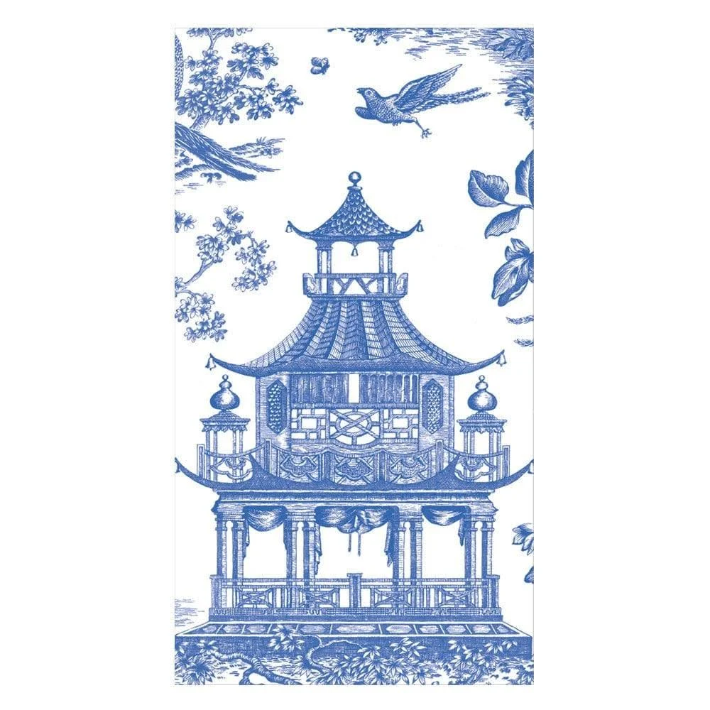 Caspari Guest Towel Napkin - Chinoiserie Toile Pagoda Blue