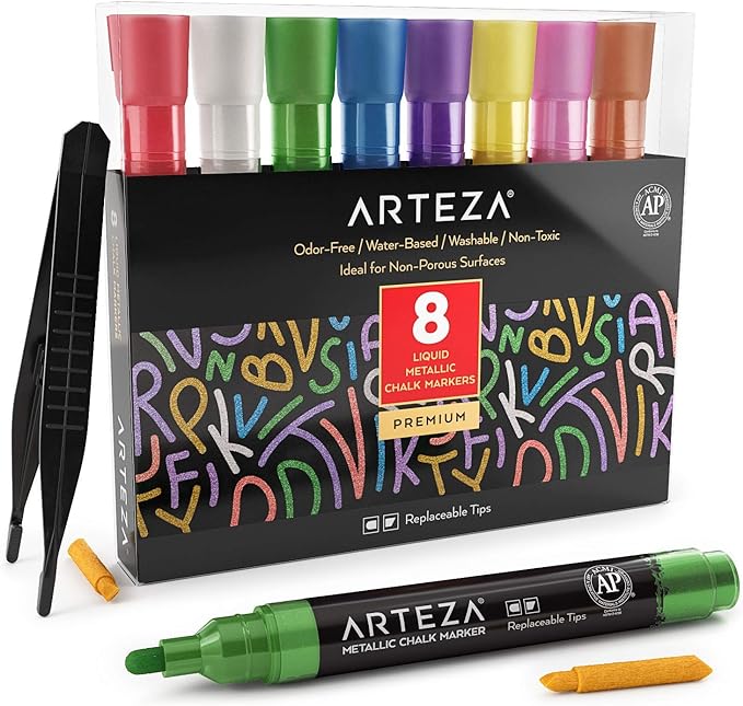 Arteza Liquid Chalk Markers, Metallic - Set of 8