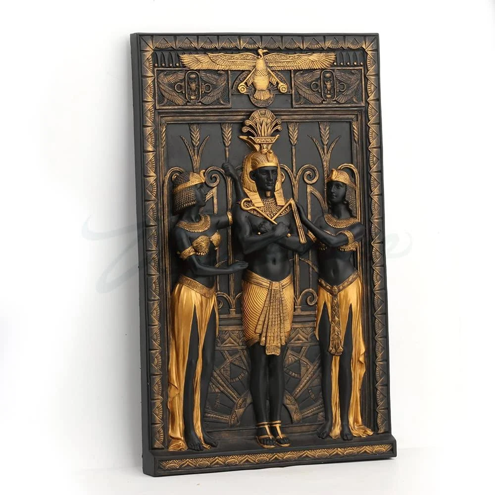 Veronese Design Art Deco Egyptian Pharaoh With Maidens Wall Plaque Black Gold Resin Wall Sculpture