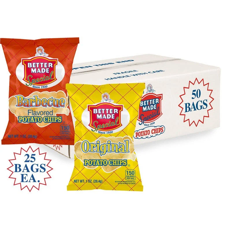 Better Made Special Original & BBQ Potato Chips Variety Pack - Case of 50-1oz Bags - 25 BBQ/25 Original - Crunchy, Individual Snacks Made from Fresh Potatoes