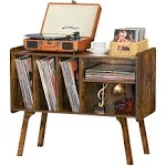 Lerliuo Record Player Stand with 4 Cabinet Holds Up to 220 Albums, Large Turntable Stand with Beech Wood Legs, Mid-Century Record Player Table,Brown Vinyl Holder Storage Shelf for Bedroom Living Room