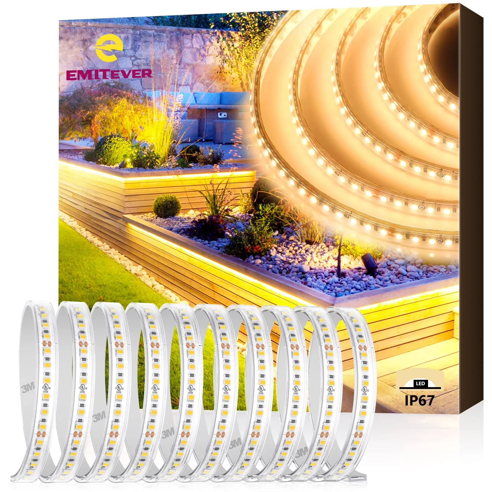 EMITEVER Outdoor LED Strip Lights 3000K 16.4FT 600LEDs Waterproof, White 