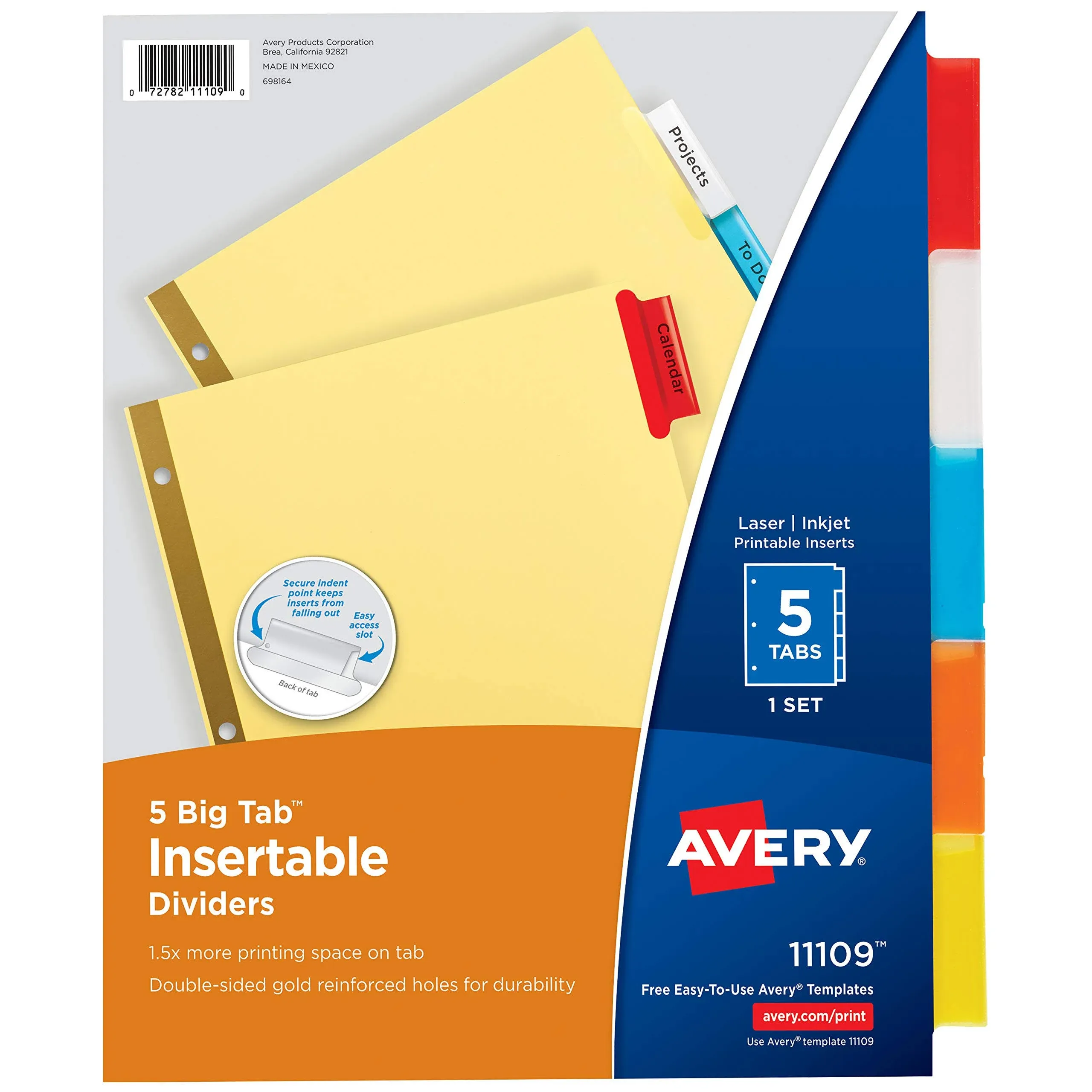 Avery 5-Tab Binder Dividers, Insertable Multicolor Big Tabs, 1 Set (11109)