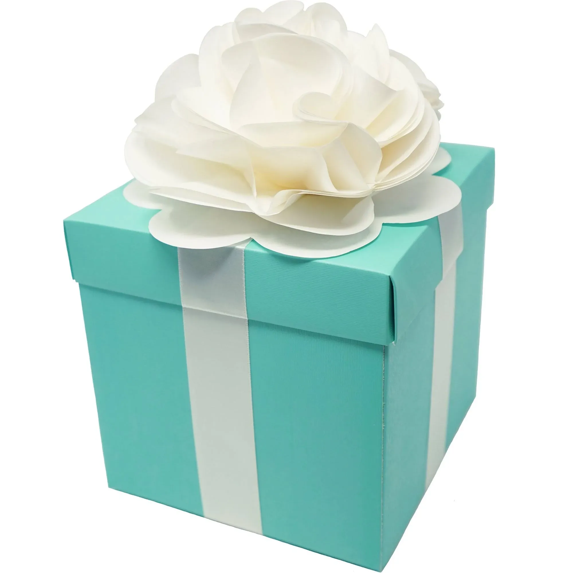 Robin Egg Aqua Blue Wedding Centerpiece Favor Box with Lid & Self Adhesive Satin Ribbons & Ivory Tissue Paper Flower Bow (1 Count)