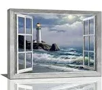 Lighthouse Nautical Wall Art Coastal Beach Pictures Wall Decor Ocean Canvas Prints Window Decorations Painting Framed Artwork Office Home Decor For Bathroom Bedroom Dining Living Room 16"x12"