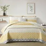 KALOOLA Yellow Quilt King size, 100% Cotton Farmhouse Quilted Bedspread with 2 Pillowshams, Reversible Floral Striped Bedding Set, Lightweight Thin