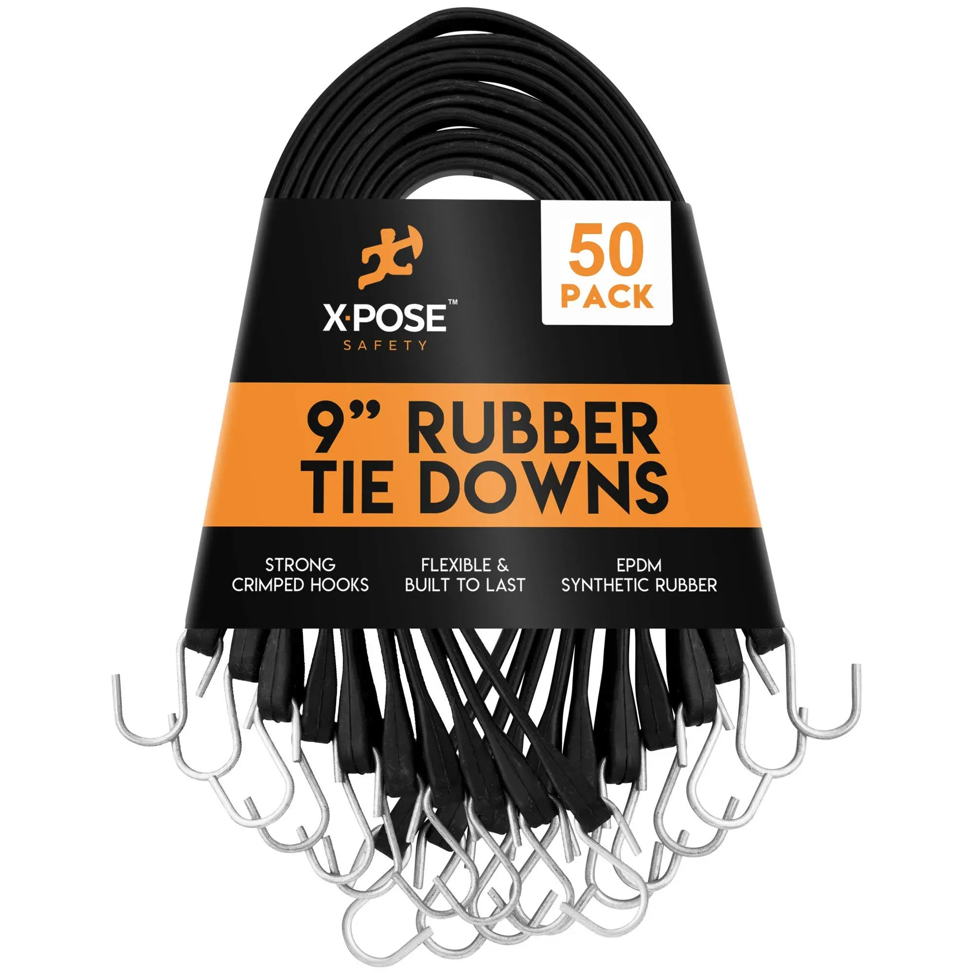 Xpose Safety 9" Black Heavy-Duty EPDM Rubber Tie Down Bungee Cords with Hooks TSEP-9-25 - 25/Pack