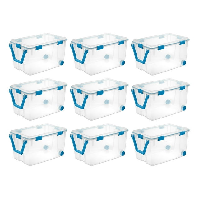 Sterilite 120-Qt Clear Plastic Wheeled Storage Bin W Gasket Latch Lid 9 Pack