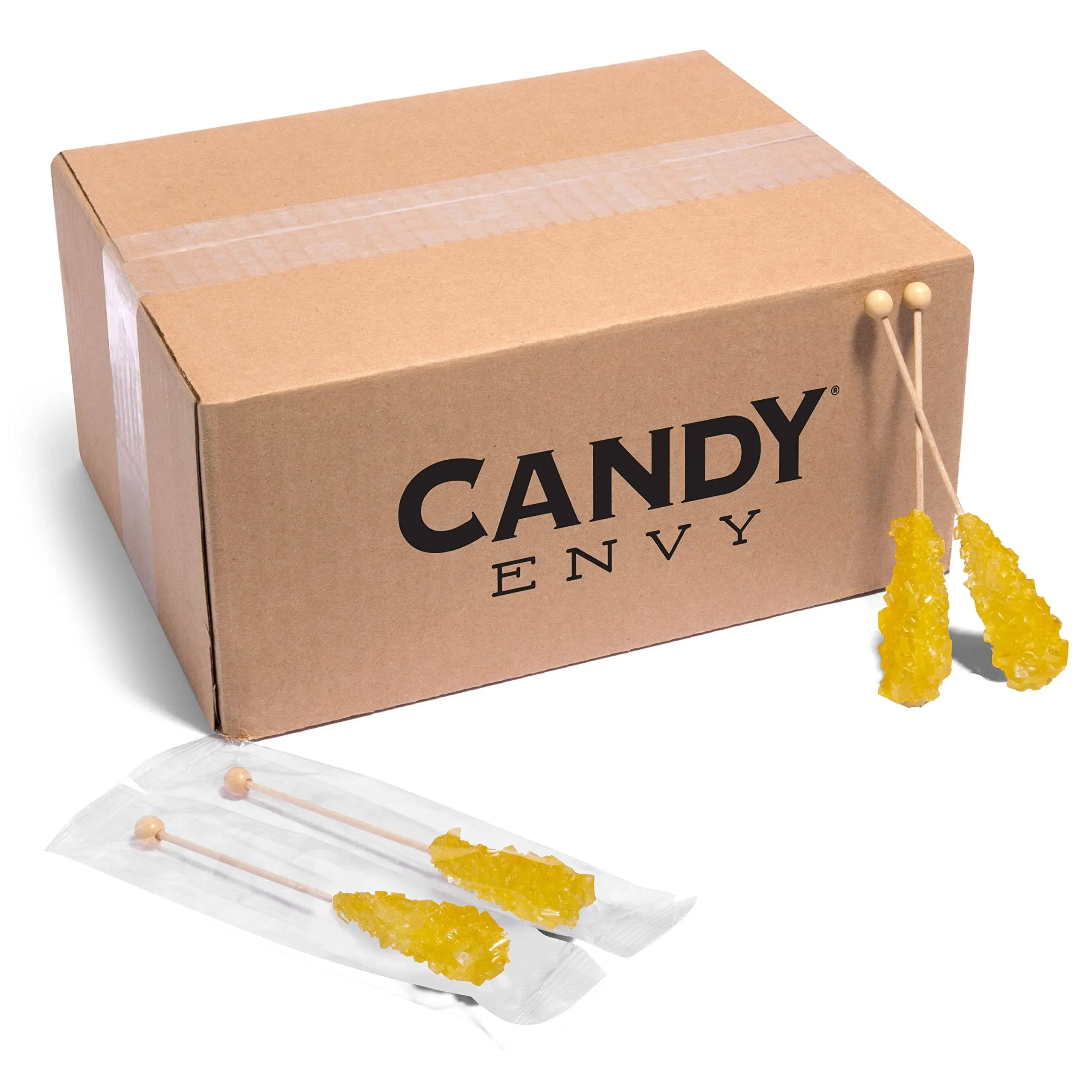 Candy Envy - 100 ct Yellow Cafe Sugar Sticks Rock Candy - Individually Wrapped - Lemon Flavored