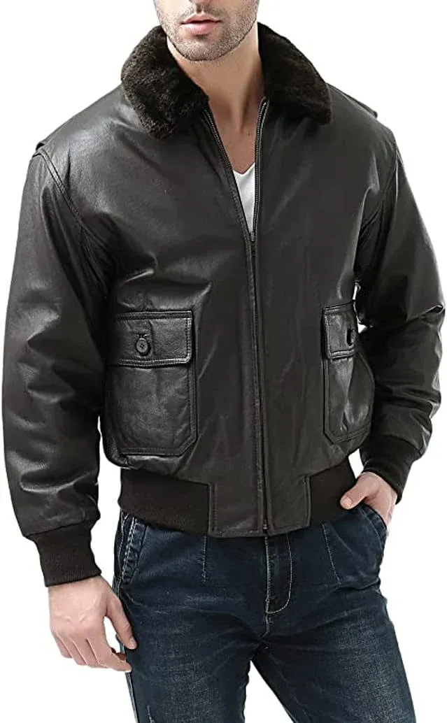 Landing Leathers Men's Navy G-1 Leather Flight Bomber Jacket, Size: XS, Brown