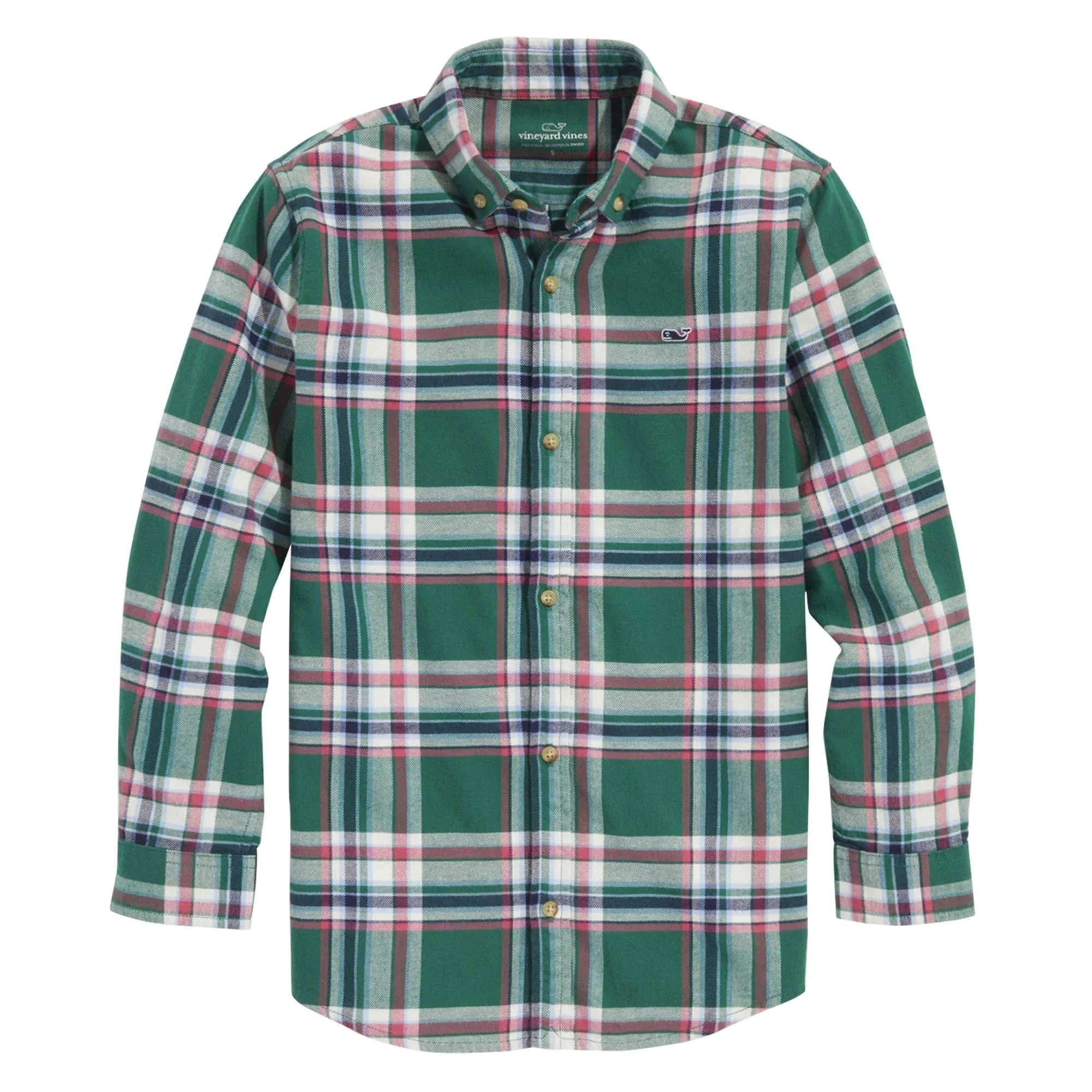 Vineyard Vines Kids' Plaid Stretch Flannel Button-Down Shirt in PLD Turf Green