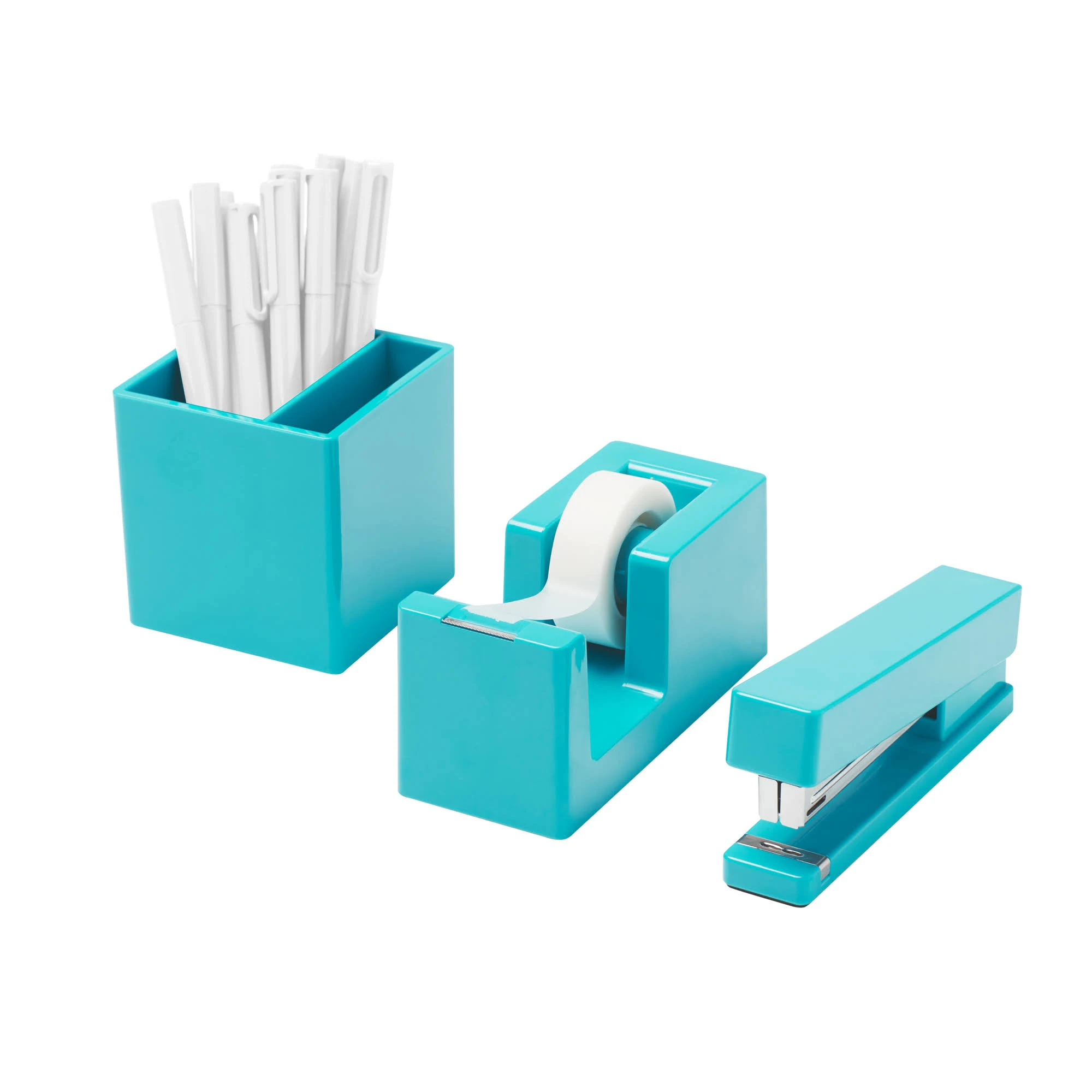 Poppin Desktop Starter Set - Aqua, Stapler, Tape Dispenser, Pens, Pen Cup, 6 Retractable Gel Luxe Pens with 1mm Tip, Pen Cup with Two Compartments, Complete Office Stationery Set