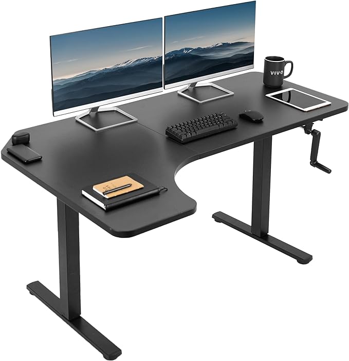 VIVO Manual Height Adjustable 58 x 35 inch Stand Up Desk, Black Corner Table Top, Black Frame, Standing Workstation with Foldable Handle, Desk-KIT-MBRB