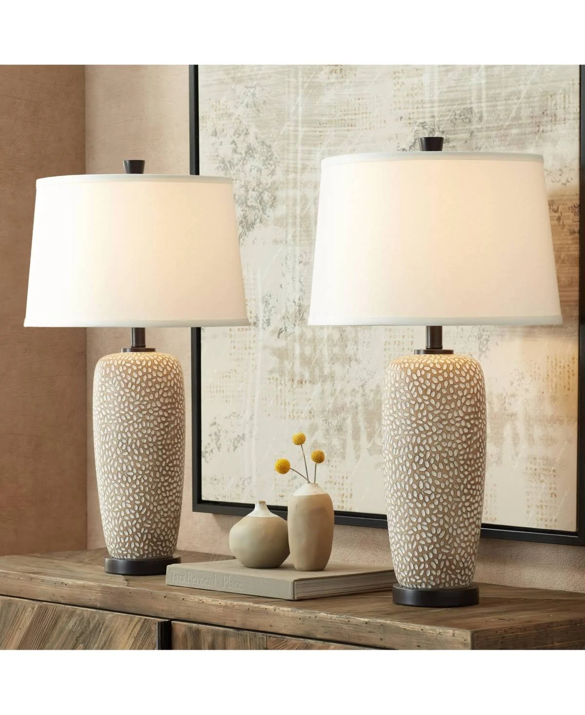 Anna Modern Coastal Table Lamps 27 1/2&#034; Tall Set of 2 Beige Pebbled for Bedroom