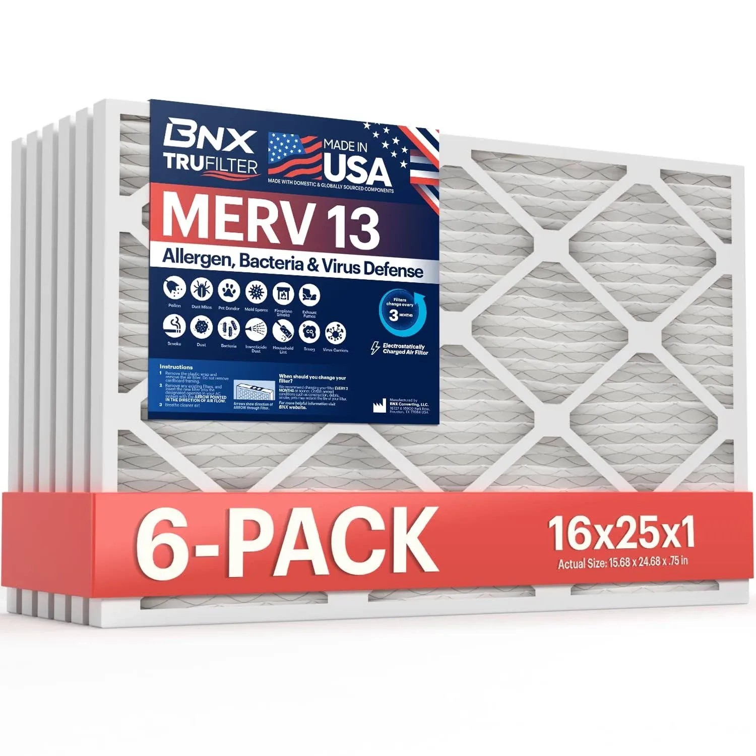 BNX TruFilter 16x25x1 Air Filter MERV 13 (6-pack) - Made in USA - Electrostatic Pleated Air Conditioner HVAC AC Furnace Filters