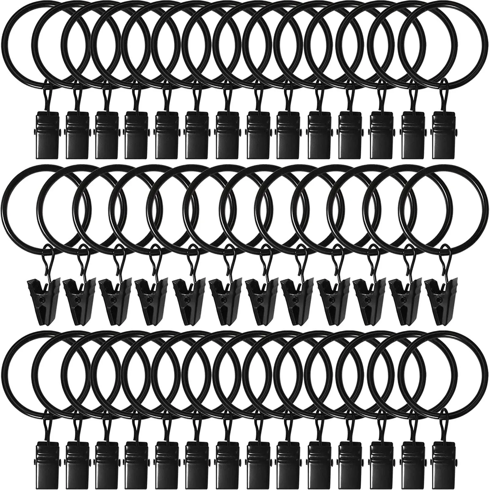 40 Pack Curtain Rings with Clips, Drapery Clips with Rings, Drapes Rings 1.26 in Interior Diameter, Fits up to 1 in Curtain Rod, Black