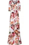 Women's Super Stretchy Maxi Party Dress Spring Floral Print Faux Wrap 3/4 Sleeve V-Neck