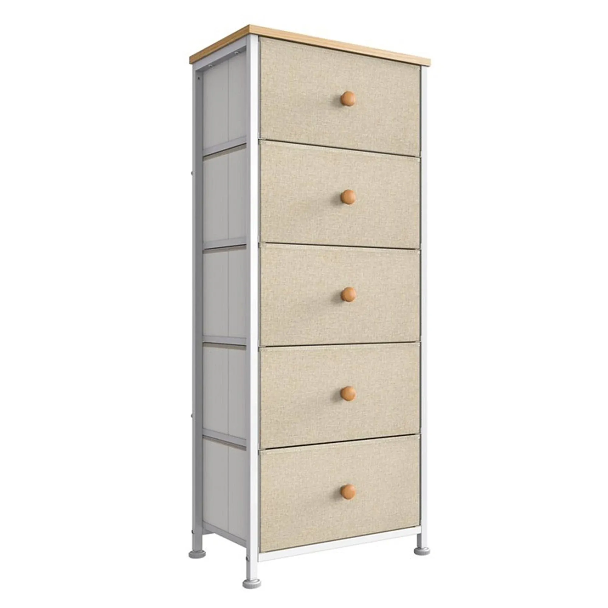 REAHOME Vertical Narrow Metal Tower Dresser with 5 Fabric Drawer Bins, Taupe