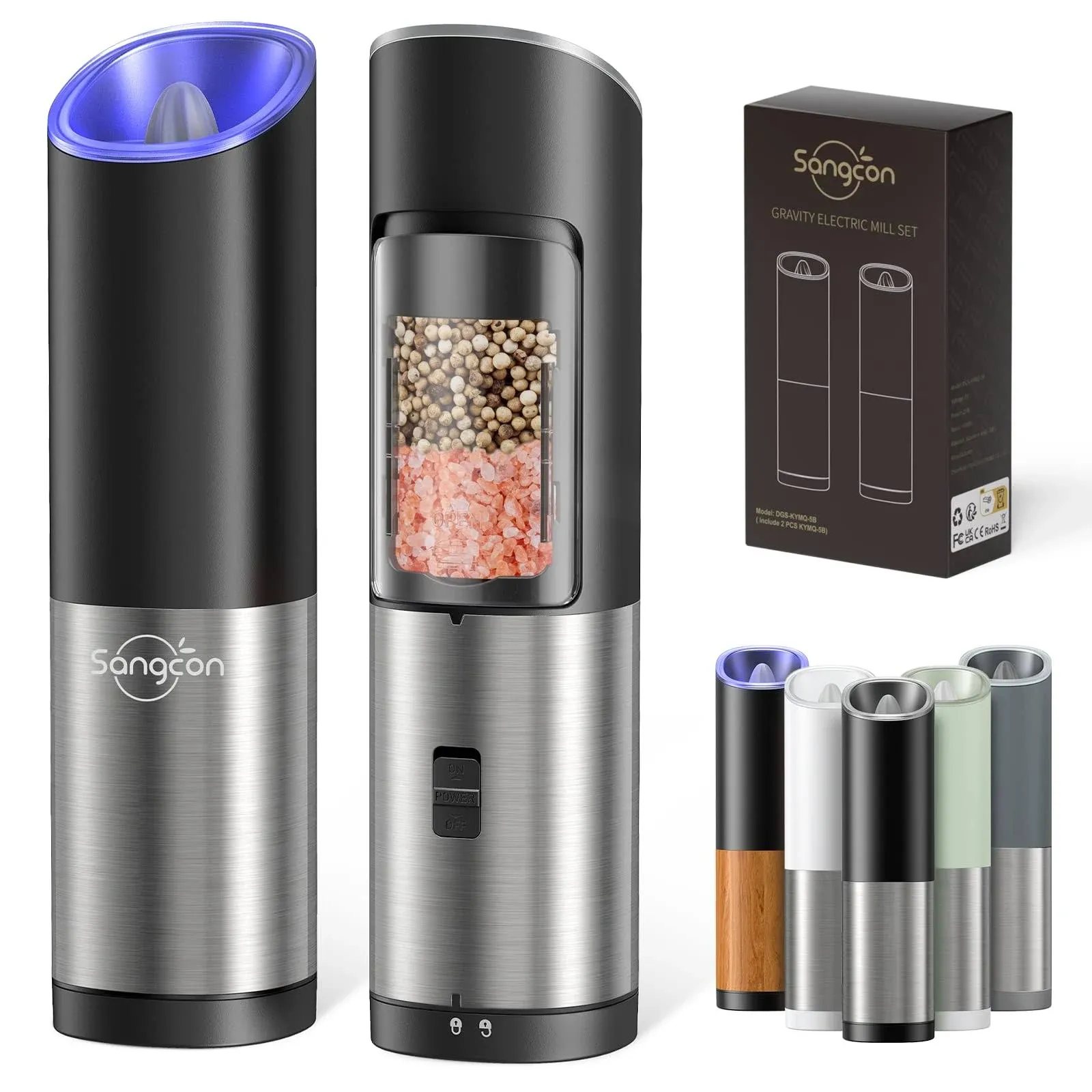 Sangcon Electric Salt & Pepper Grinder Set, Battery Powered with LED Light ...