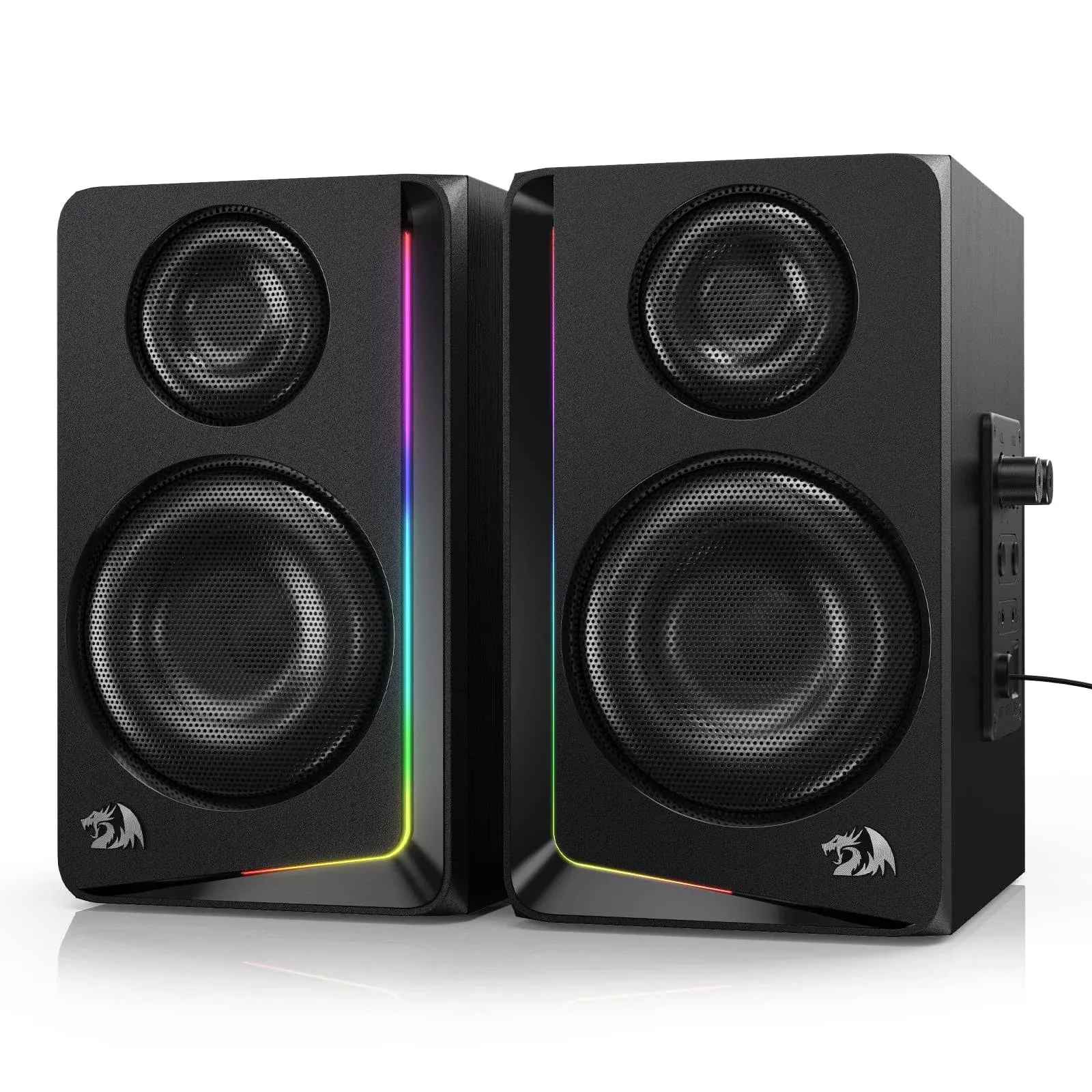 Redragon GS812 Wireless RGB Wooden Desktop Speakers, 2.0 Channel Bookshelf Speaker w/BT 5.0/3.5mm AUX Connection, Enhanced Bass/Volume Knob Control, Extra Mic/Audio Jacks & Dynamic RGB Lighting Bar