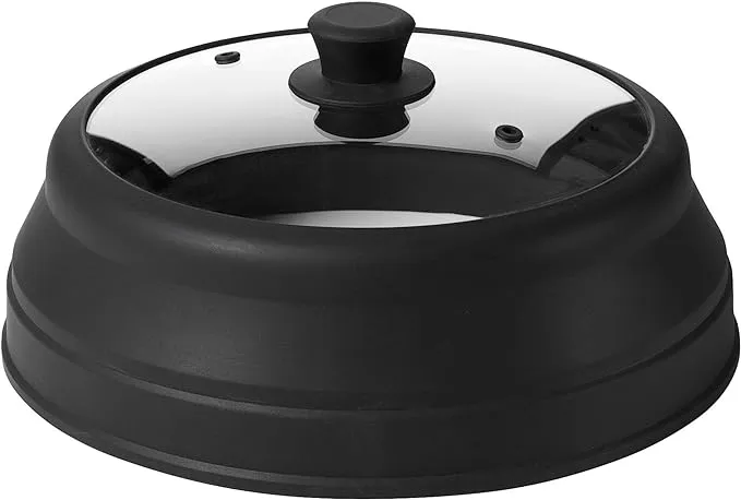 Microwave Glass Plate Cover Lid - Vented and Collapsible Design with A Safe and Easy Grip Silicone Handle – 10.5 Inch Diameter (BLACK)