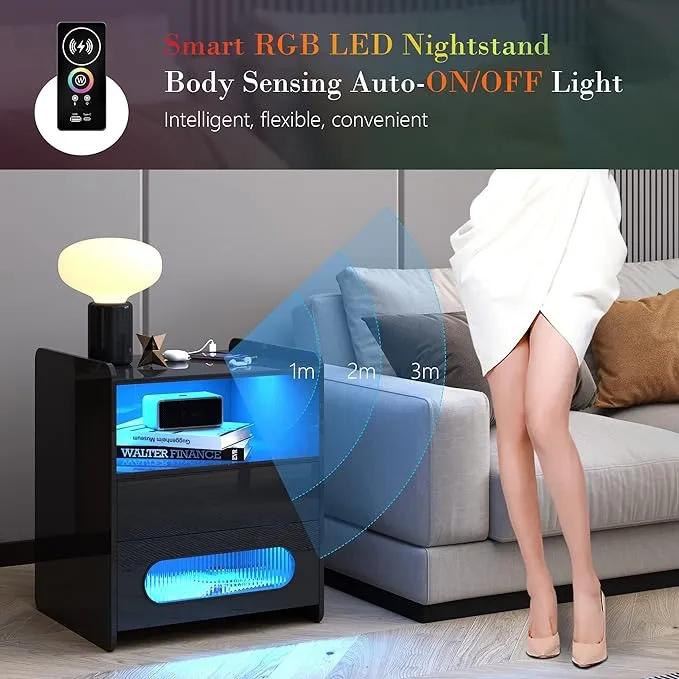 dnbss RGB LED Nightstand with A Charging Station, Modern Bedside Table with Jewelry Storage Drawers, Smart Night Stand for Bedroom Auto-On Light, Blac