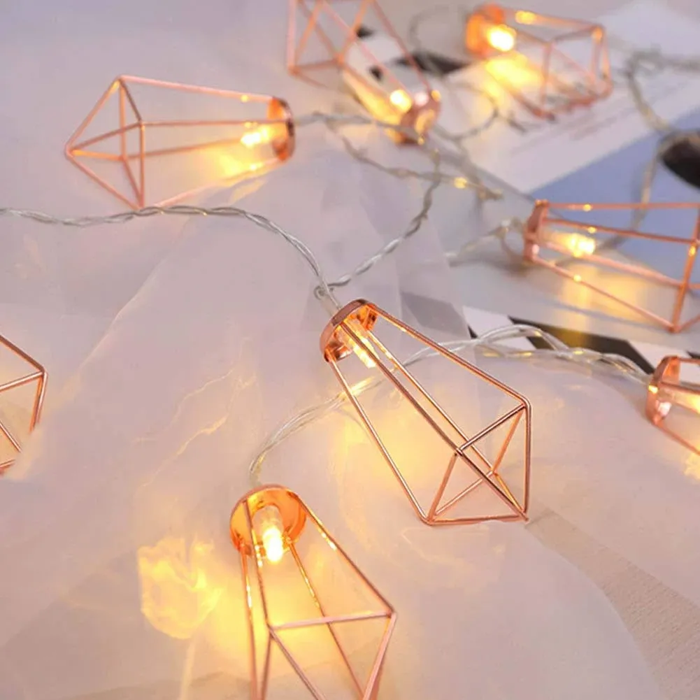 Twinkle Star 10 LED 6.6 ft Diamond String Lights Battery Operated, Geometric String Lights Warm White, Rose Gold Metal Lamps Decor for Indoor Wedding Party Bedroom Christmas