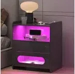 dnbss RGB LED Nightstand with A Charging Station, Modern Bedside Table with Jewelry Storage Drawers, Smart Night Stand for Bedroom Auto-On Light, Blac