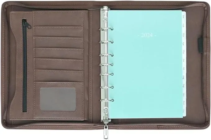 Fan&Ran 2025 Zipper Planner Organizer, 7-Ring Mini Binder with 2025 Weekly Planner Refills, Desk Size, Vintage Brown