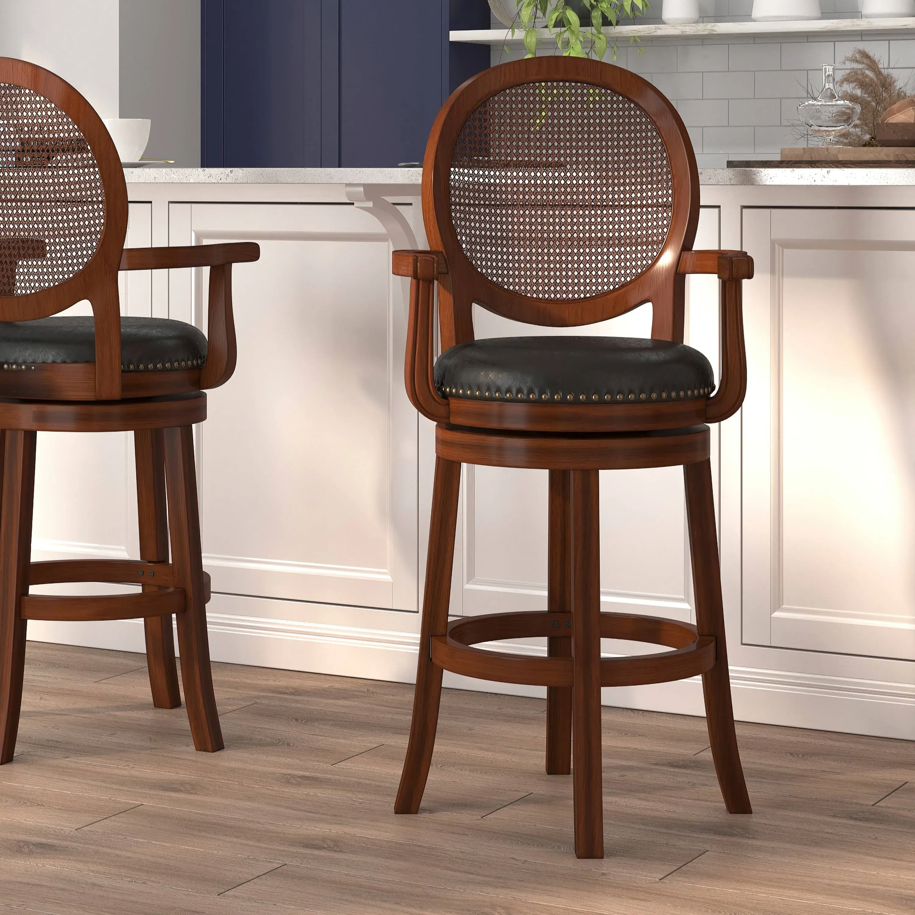 Flash Furniture TA-550430-E-GG 30&amp;amp;quot; High Expresso Wood Bar Stool with Arms, Woven Rattan Back and Black LeatherSoft Swivel Seat