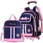 MITOWERMI 3Pcs Rolling Backpack Bowknot Girls Primary Schoolbag Trolley Bookbags Wheeled Backpack Kids Carry On Luggage with Lunch Bag&Pencil Case