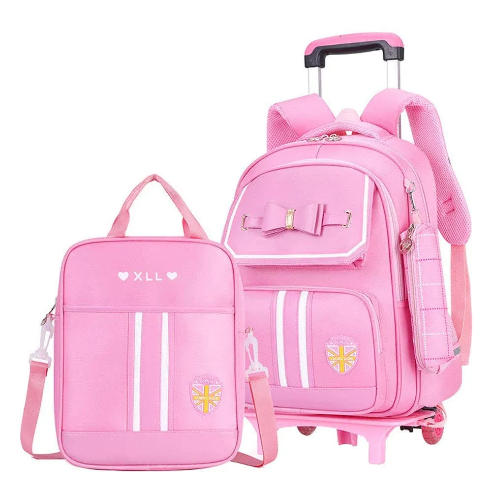 MITOWERMI 3pcs Rolling Princess Backpack Bowknot Girls Primary Schoolbag Trolley Bag Wheeled Backpack with Handbag