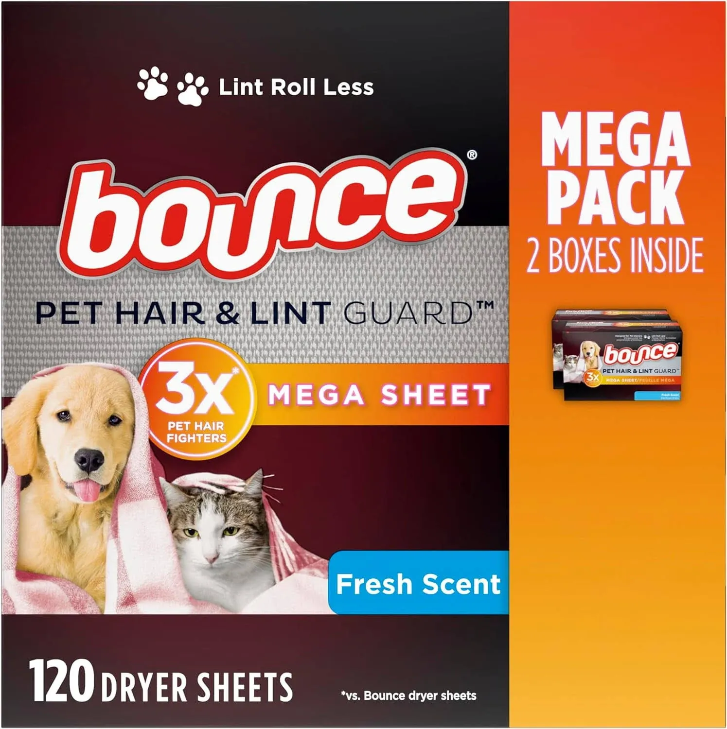 Bounce Pet Hair and Lint Guard Mega Dryer Sheets, Fresh Scent, 120 ct