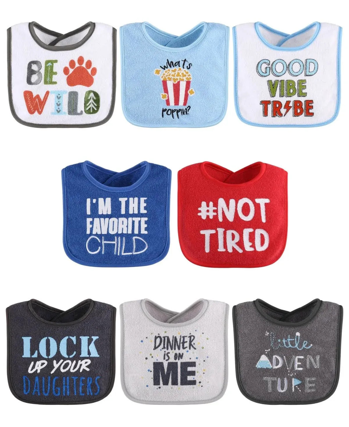 Baby Boys Red, Blue Cotton Terry Feeding &amp; Teething Drool Bibs 8 Pack Set