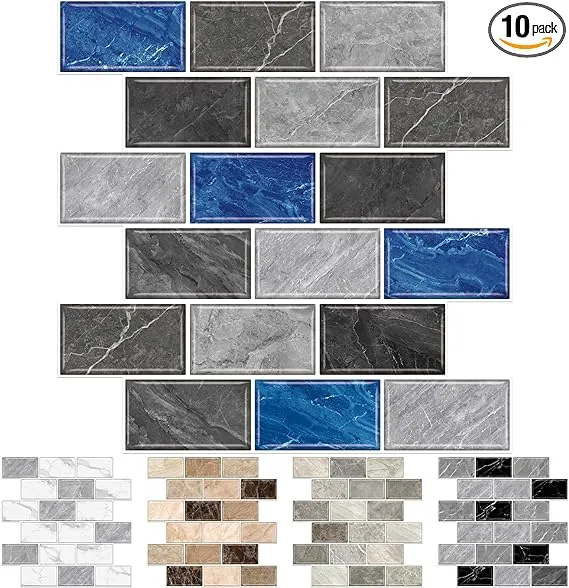 URCOLOR 10-Sheet backsplash Peel and Stick for Kitchen Wall, 12"x12" Back Splashes for Bathroom Gray Blue Marble Look