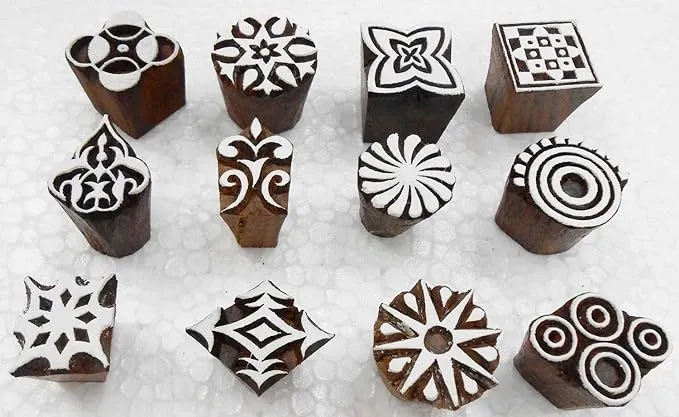 Crafts of India Store Wholesale Pack of 12 Wooden Block Printing Stamps for Textile Designing/Henna Tattoo/Crafts Printing Pattern for Saree/Home